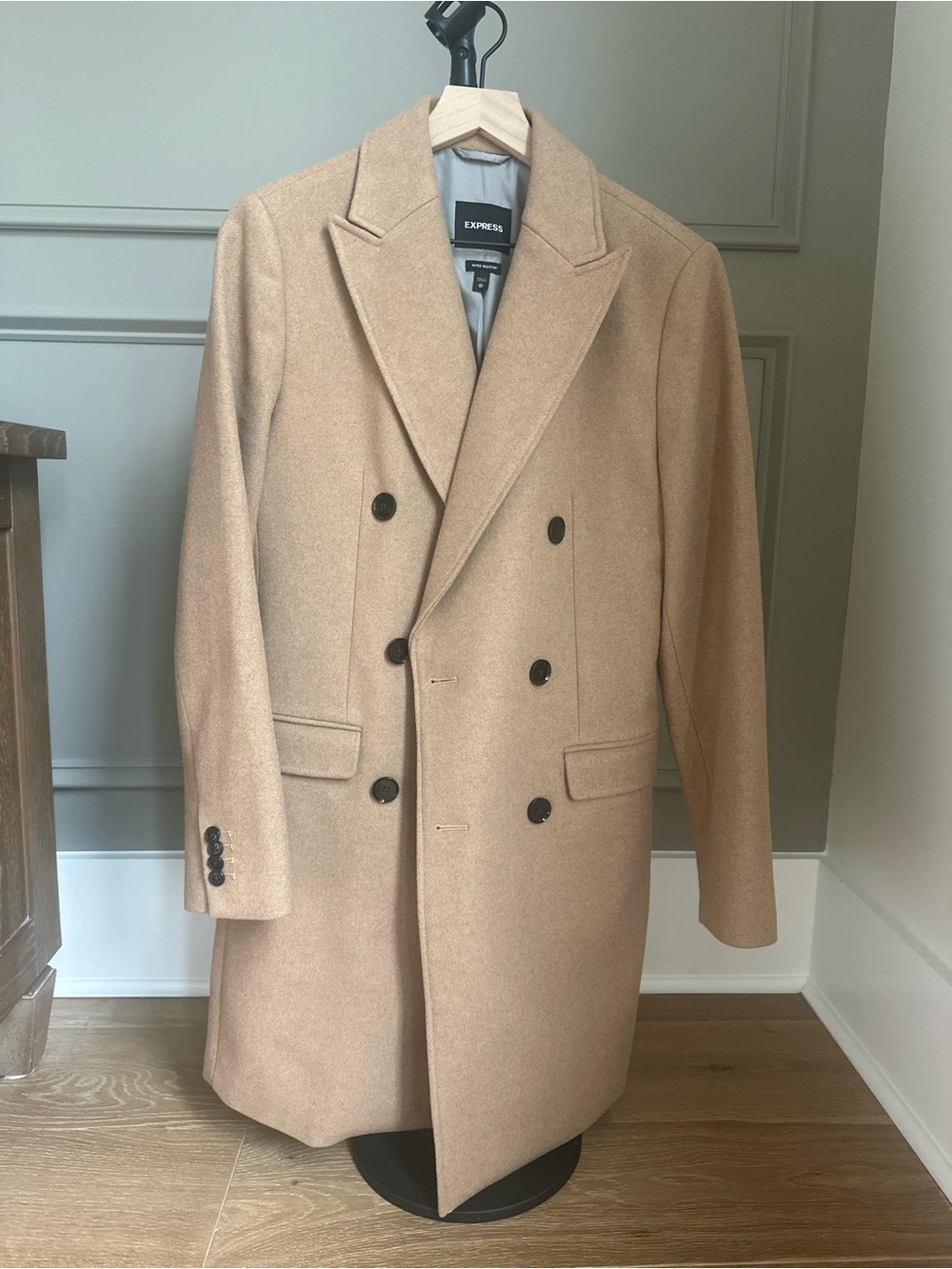 Express Menโs Double-Breasted Camel Pea Coat